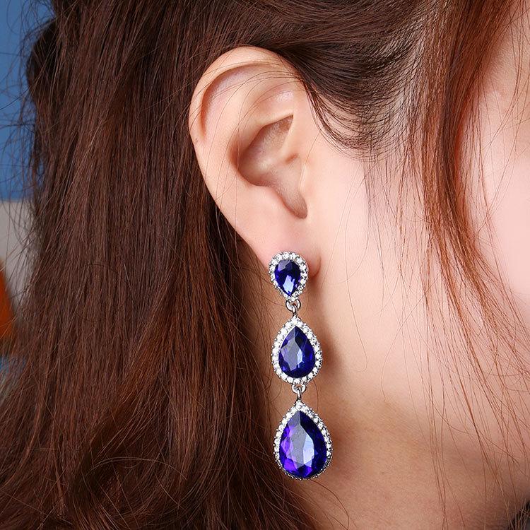 Korean Style Festive Red Teardrop Tassel Earrings with Rhinestones