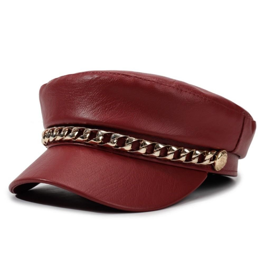 Metal Chain Decor Newsboy Cap PU Leather Flat Top Cap Stylish Baker Boy Cap For Women