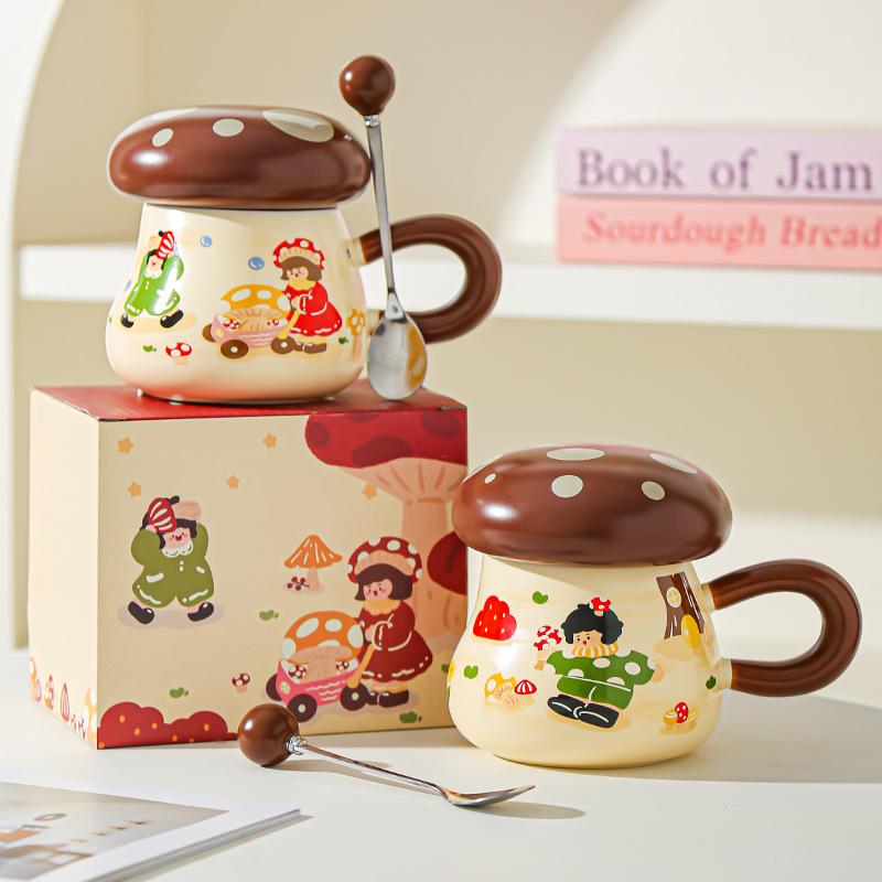 Hrnček Houbičková dívka Vysoce hodnotný suvenýrový dárek Roztomilý kreslený keramický hrnek s víčkem Velkokapacitní hrnek na pití