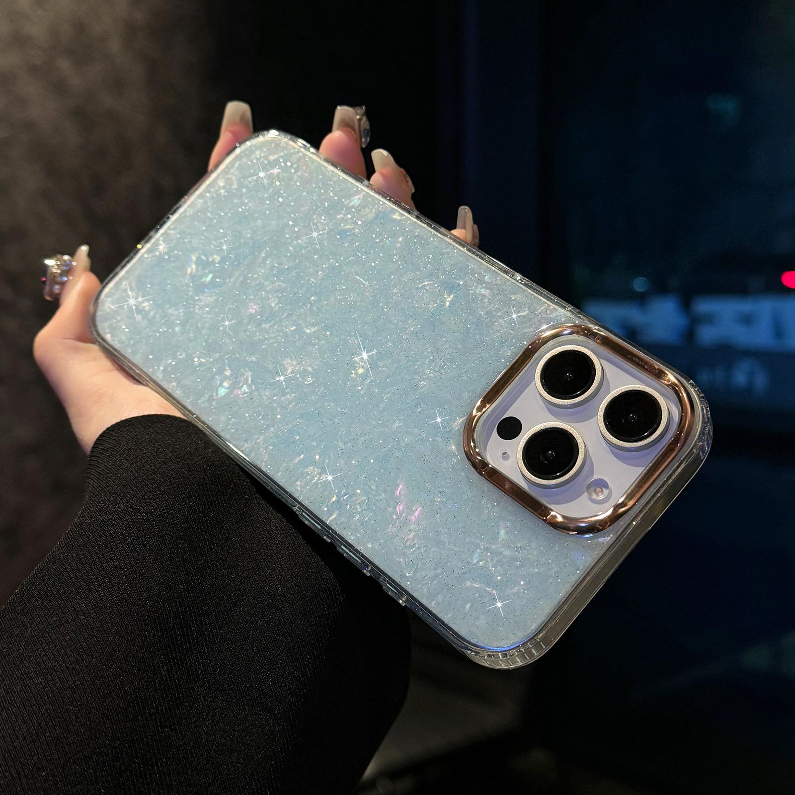 

For iPhone 16 Pro Max Case IMD Shell Pattern PC+TPU Phone Cover Transparent Blue