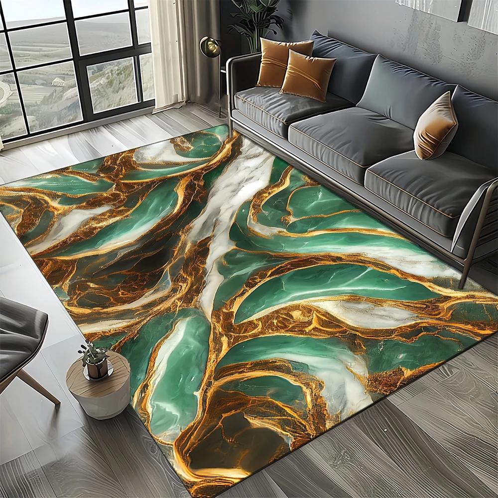 Smaragdgrüner und goldener Teppich – Luxuriöses Marmor-inspiriertes Muster für Wohnzimmer oder Schlafzimmer, rutschfest, elegante Heimdekoration