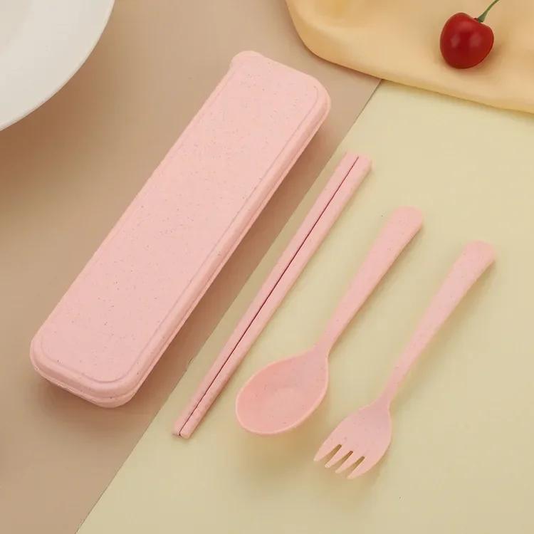 Set de veselă din paie de grâu 3în1, furculiță, lingură, cuțite, picnic, camping, cu carcasă, veselă portabilă, set de tacâmuri