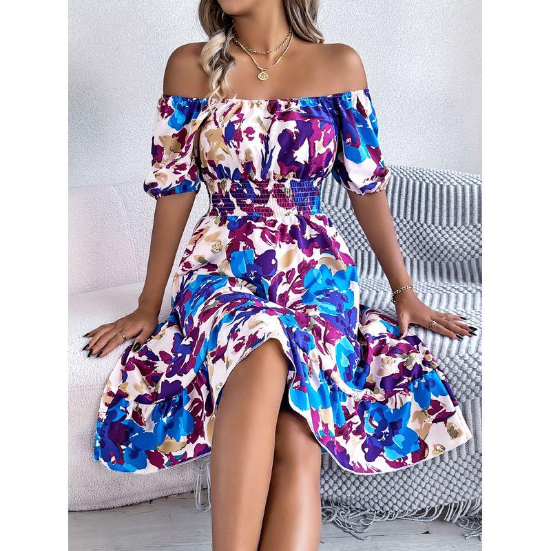 

Ruffle Edge Dress2025 Spring/Summer European and American Women clothes Flower Square Collar Short sleeve Waist Hugging Frill A- line Skirt Blue L