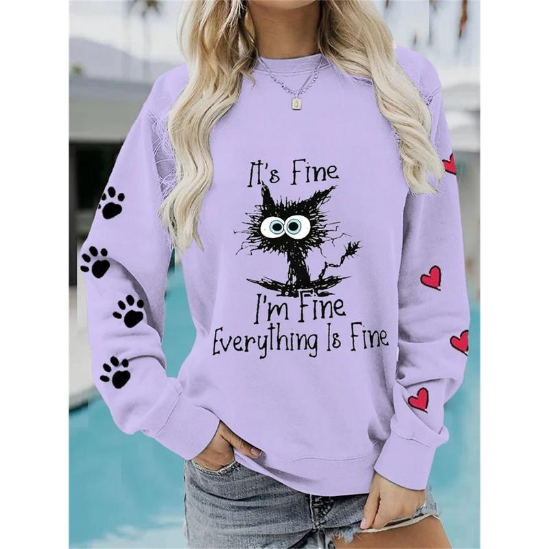 Damen Sportpullover lässig europäische Größe täglich Straße Katzenprint Rundhals plus langärmeliges Sweatshirt