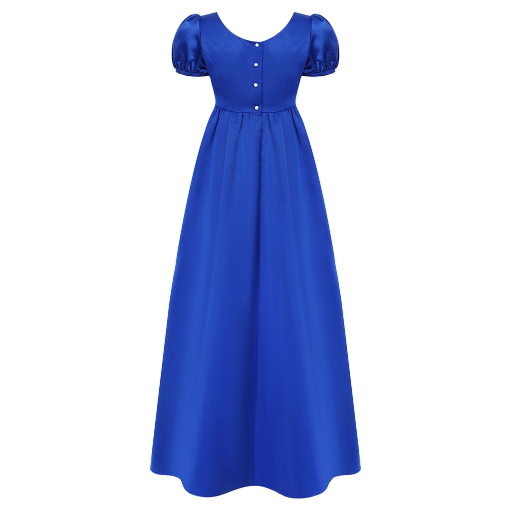 Maxikleid mit quadratischem Ausschnitt und Puffärmeln, mit Kunstperlen, Empire-Taille, Knöpfe hinten, Satin, Regency-Kleid für Damen, Party, Ball