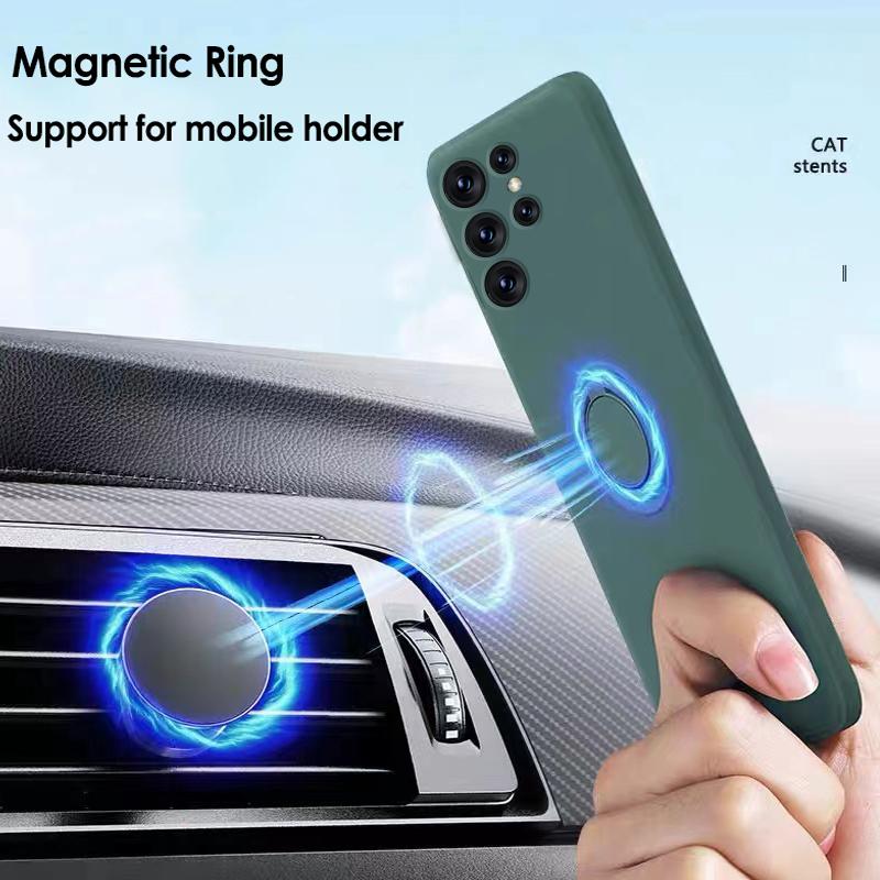 Liquid Silicone Phone Case For Samsung Galaxy S21 S20 FE S23 S22 Plus Note 20 Ultra 5G Cover with Magnetic Ring Holder and Strap