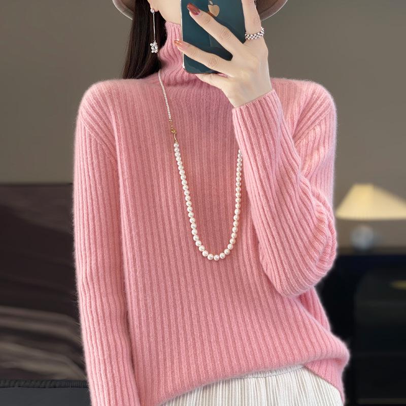Women's High-Neck Wool Sweater: Seven-Needle Double-Strand, Thickened Vertical Rib Knit, Loose Fit, Long-Sleeved Autumn/Winter Base Layer.