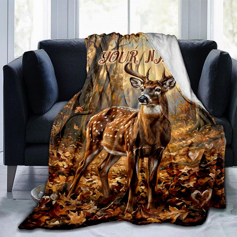 1PC Custom Name Autumn Deer Art Blanket Versatile,all-season Throw Suitable for the Living Room,bedroom,camping,travel,and Gift