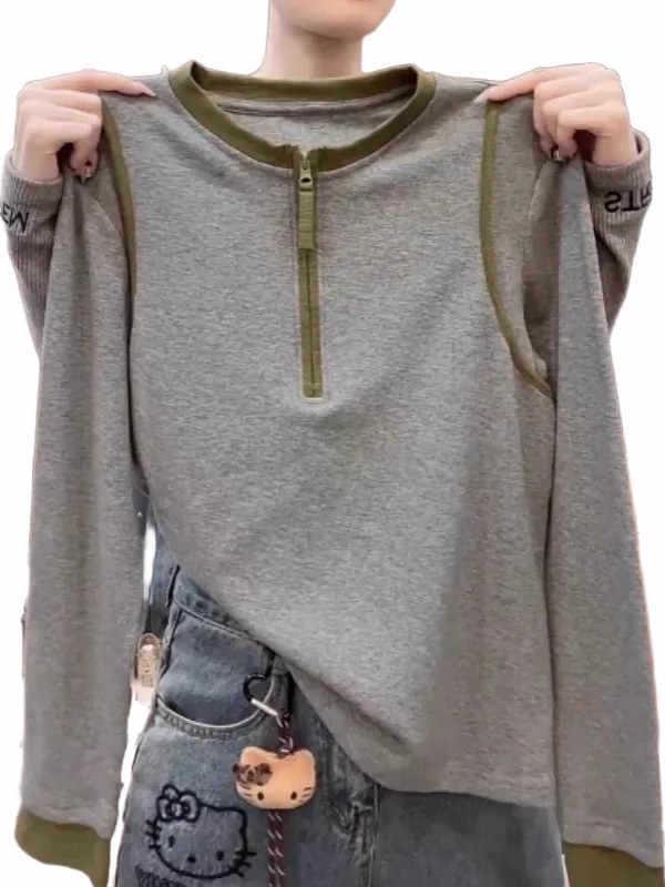 Women's Korean Style Color Block Half-Zip Long-Sleeve T-Shirt - Autumn/Winter New Design with Round Neck