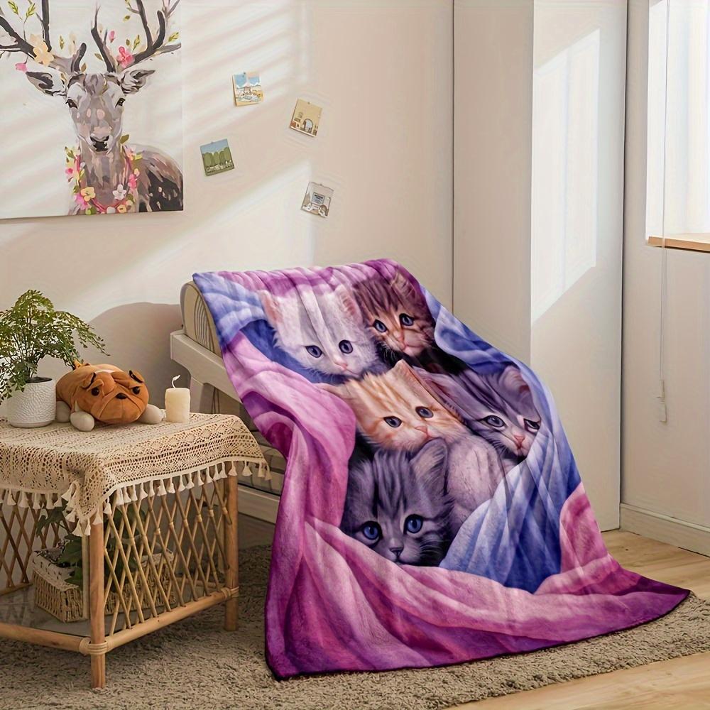 Cute Cat Art Pattern Decorative Throw Blanket with Blue and Pink Background for Sofa, Bed, Living Room, and Home Decor Styling