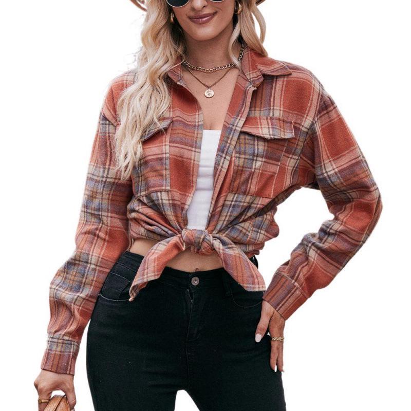 2025 Women's Cross-Border European and American Loose Plaid Pocket Shirt - Autumn/Winter Casual Fashion.