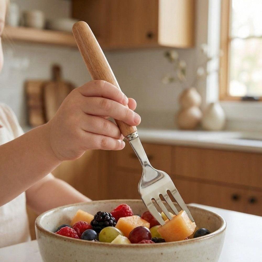 Stainless Steel Wooden Rice Soup Cake Fruit Fork Coffee Dessert Spoon for Family Dining