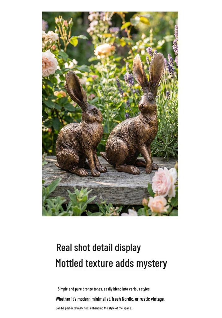 Aged Antique Bronze Long-Eared Rabbit Ornament for Garden and Photos