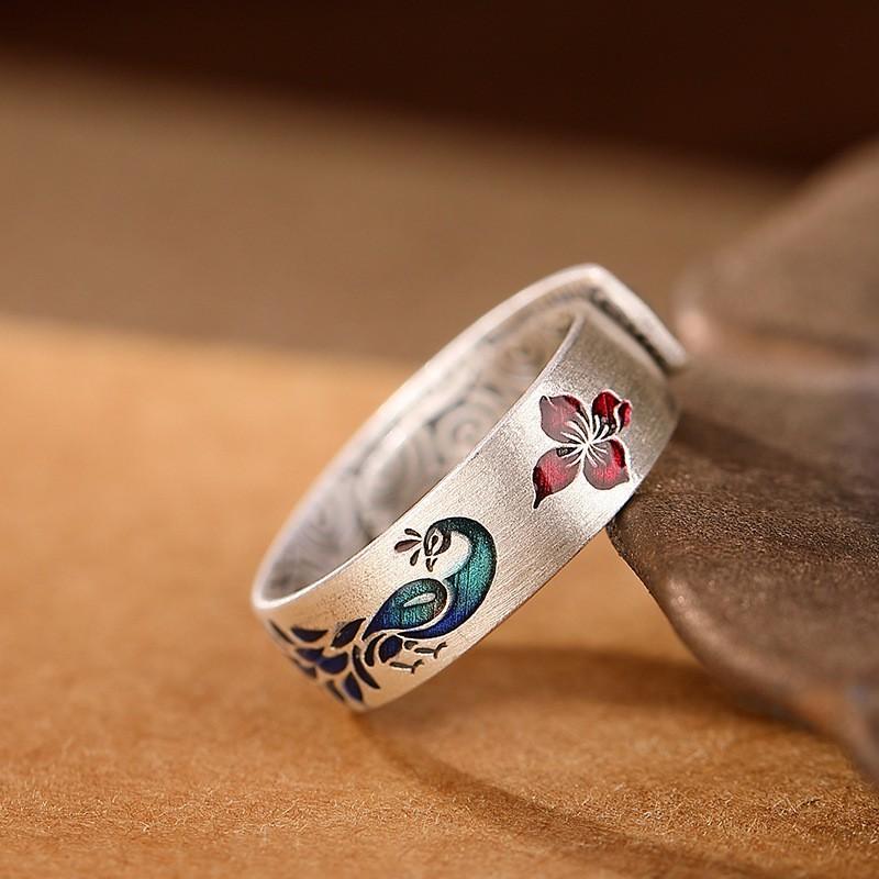 Adjustable Open Ring With Peacock Lotus Cloud Motif Vintage Style Copper Jewelry Men Women