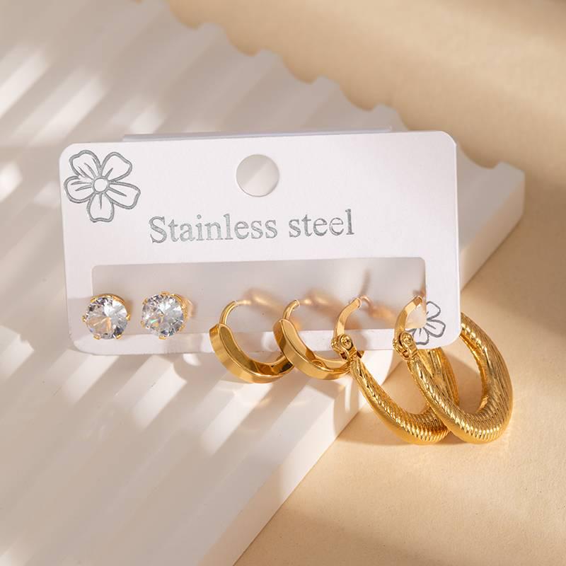 European & American Geometric Titanium Steel Earring Set: Women's Light Luxury 3-Piece Stainless Steel Versatile Earrings