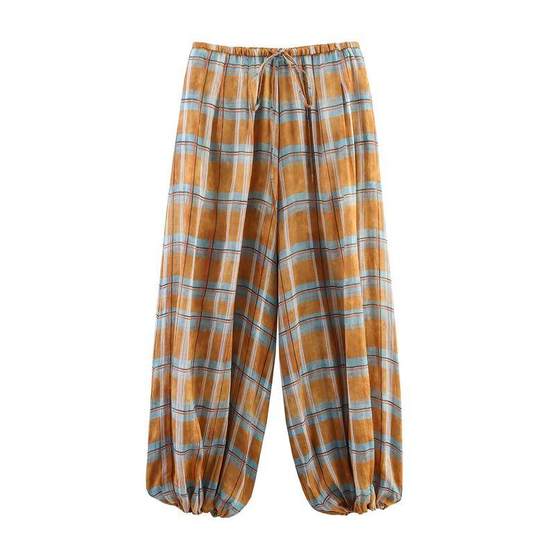 

Araltay New Western Style Women clothes Versitile Fashion Casual Ramie Plaid Bloomers 8369034 615 Flower color L