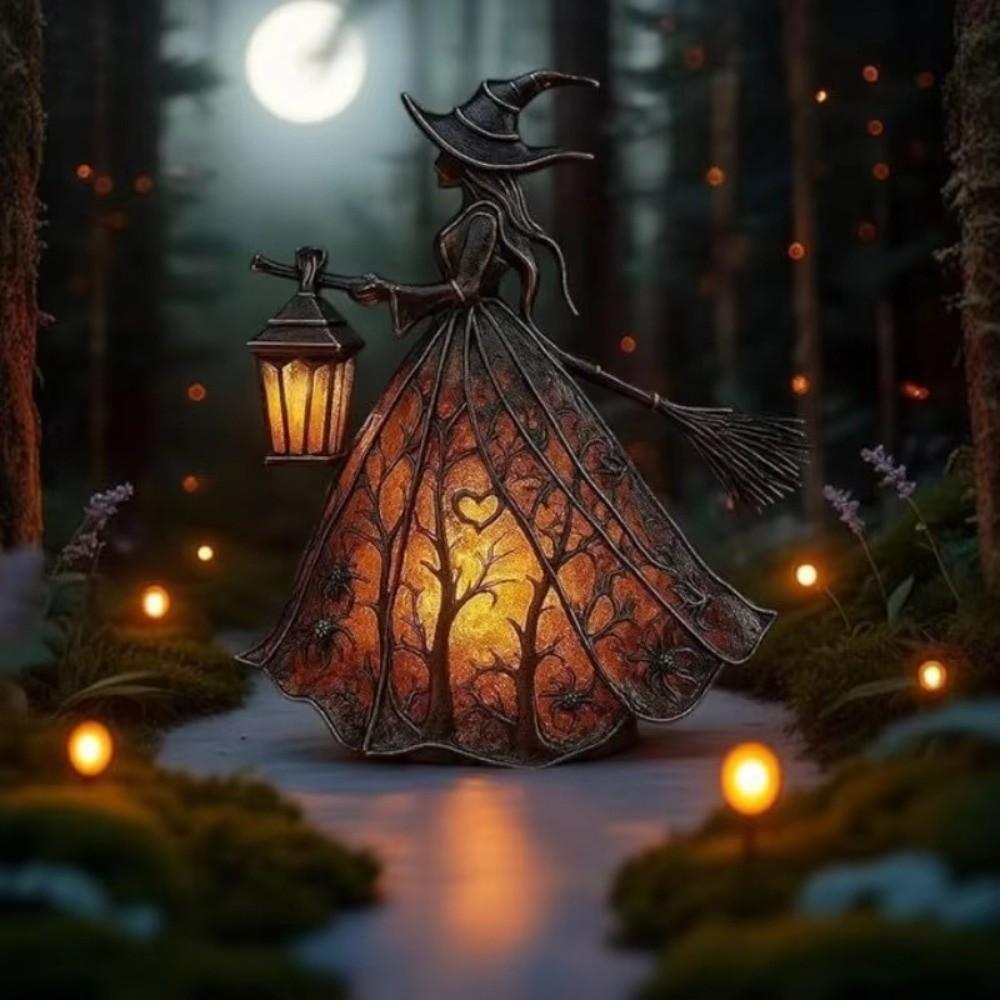 Strašidelné sošky čarodějnic na koštěti 16cm Pryskyřice Noční světlo Sváteční dekorativní lampa Halloweenská párty
