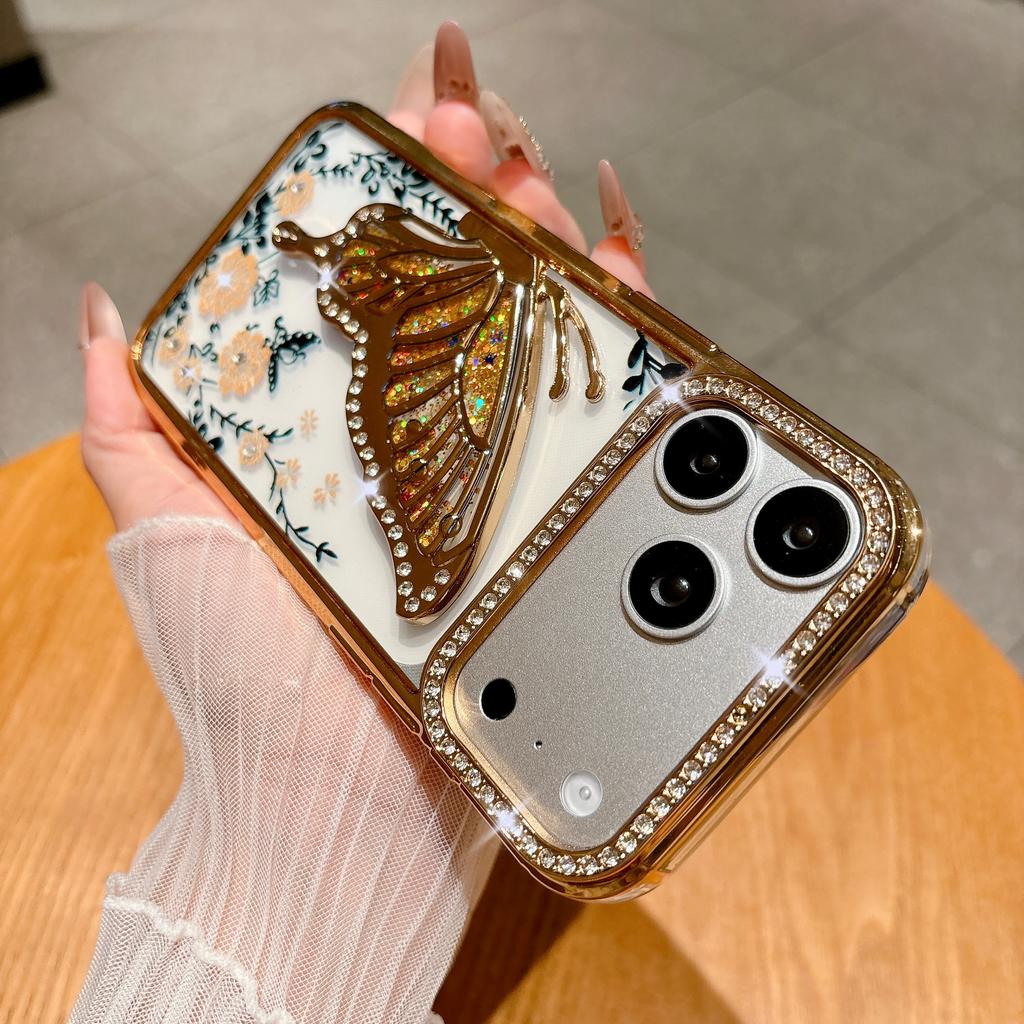 Glitter Diamond Flower Butterfly Case for For Iphone 16 1 14 13 17 Pro Max Air Plus 12 Plating Bling Rhinestone Phone Cover