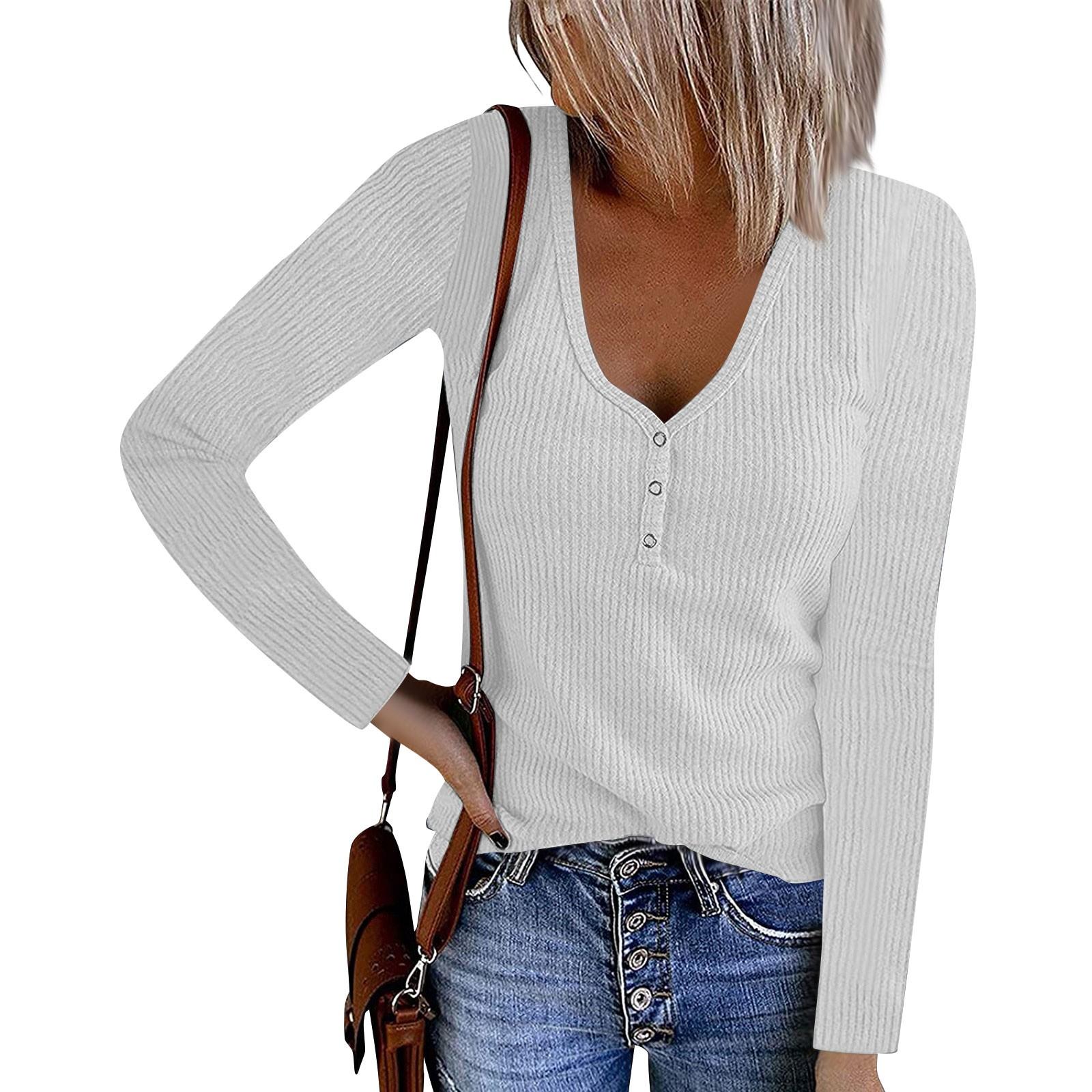 

Женская модная повседневная футболка с V-образным вырезом, однотонная, с длинным рукавом, на пуговицах XXL белый