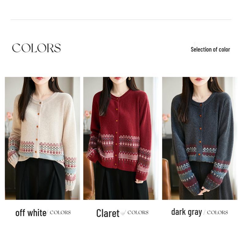 Retro Ethnic Style Jacquard Knit Cardigan - Women's Round Neck Single-Breasted Sweater for Autumn/Winter