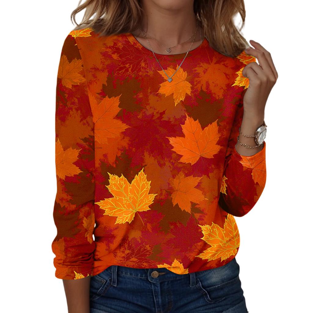 Women's Casual Long Sleeve Blouse with Leaves Print Round Neck Top for Everyday Wear
