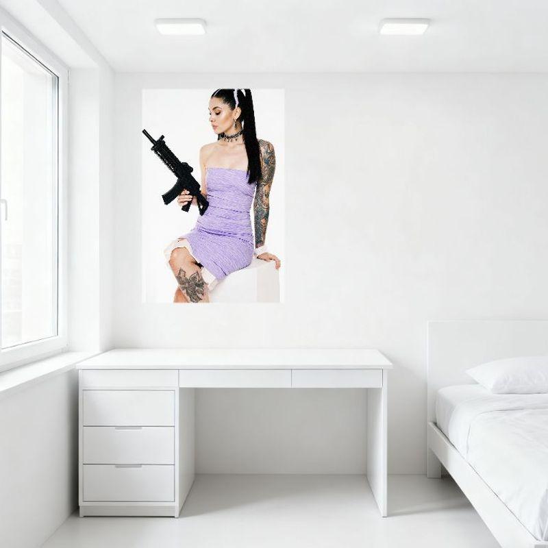 Sexy Woman High Ponytail Light Purple Dress Tattooed Arm Black Rifle Tin Sign Vintage Metal Wall Decor for Home Bar Pub Decorati