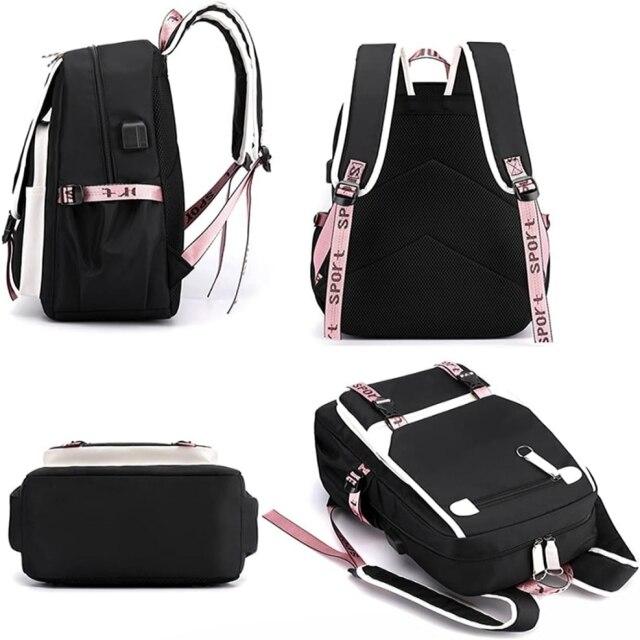 WEPZSXO Girls Backpack Stylish Large Capacity Student Bookbag Travel Pack 29x16x46cm Pink Black Lightweight Durable Polyester