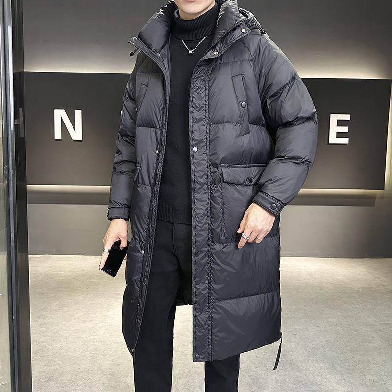 Męska Wysokiej Jakości Kurtka Puchowa Średniej Długości z Kapturem - Ciepła, Modna, Gruba Kurtka za Kolano