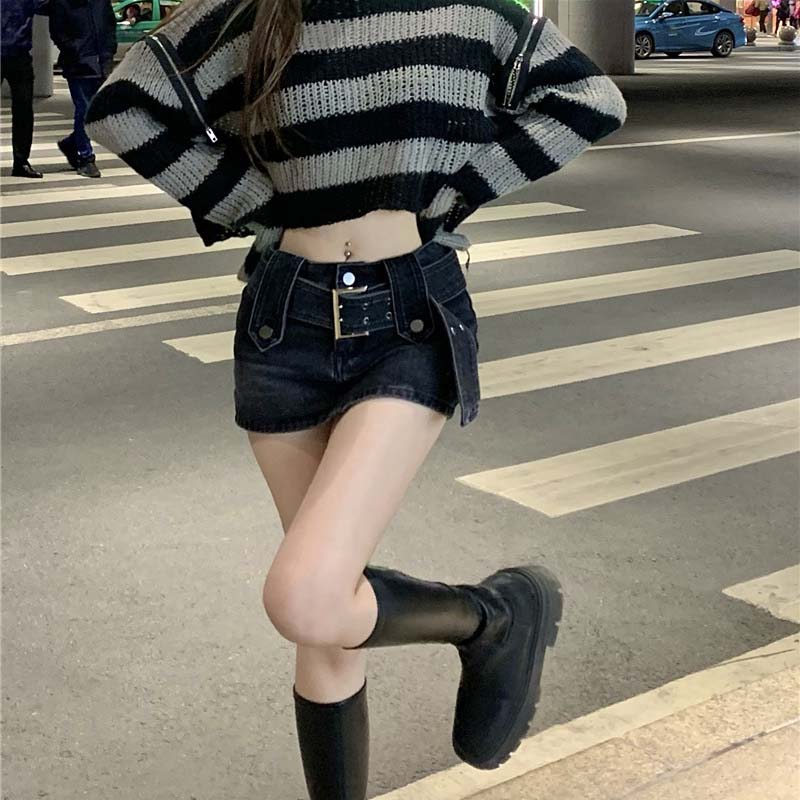 Gothic Ladies Sweater Crew Neck Long Sleeve Striped Cropped Knit Sweater Y2K Sexy Top Off-the-shoulder Zipper Design New Fashion