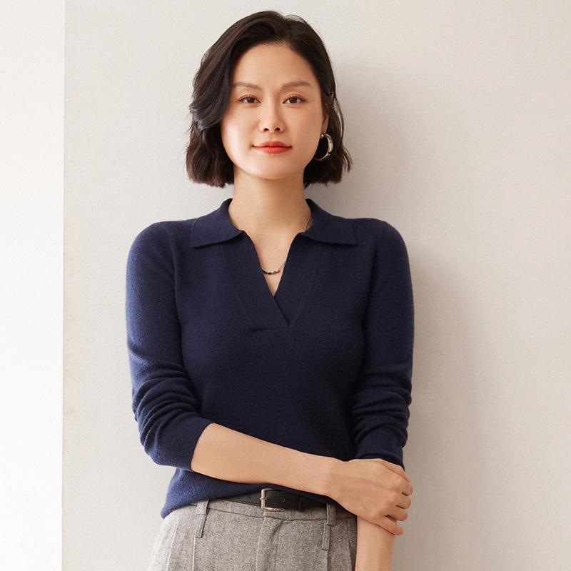 Women's Loose Cashmere Polo Neck Sweater - Autumn/Winter Long Sleeve Knit Pullover