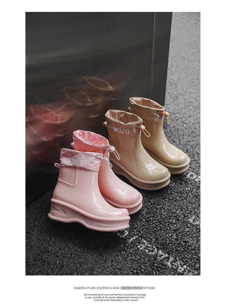 Women's Waterproof Thick-Soled Drawstring Rain Boots - Short, Height-Boosting Rubber Shoes for Outdoor and Kitchen Use
