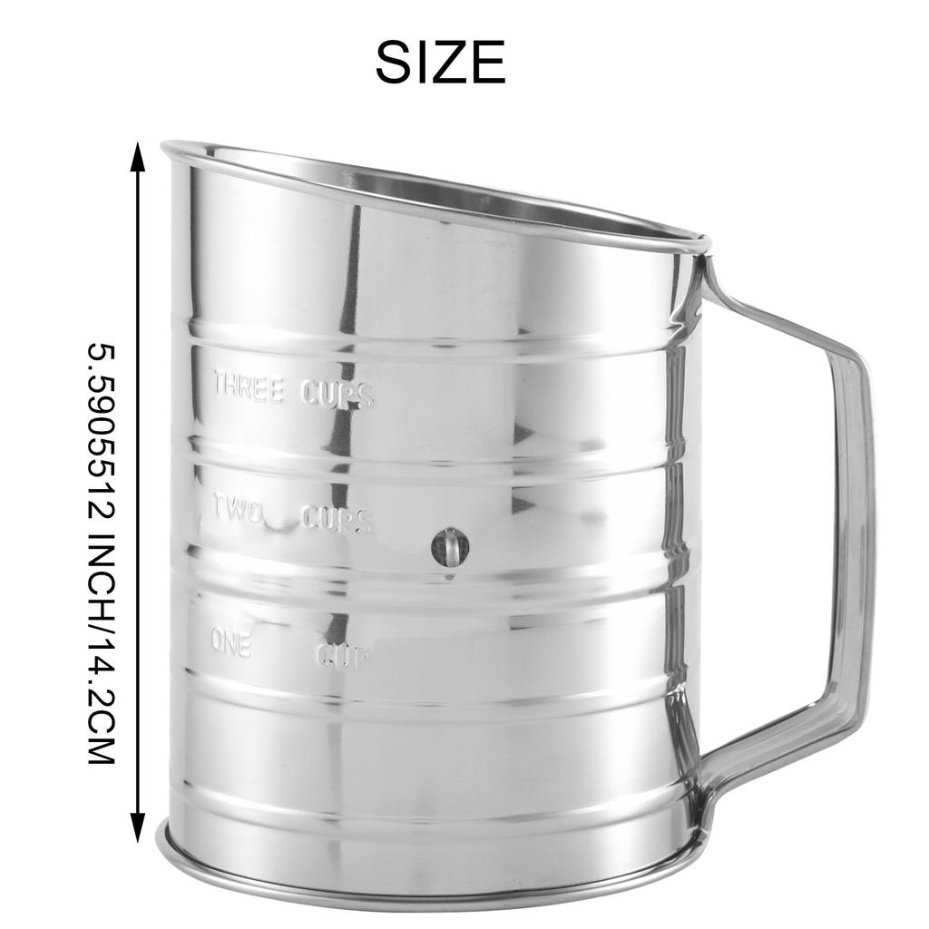 A84E-3 Cup Stainless Steel Flour Sifter - Fine Mesh Rotary Hand Crank Flour Sifter With Agitator Wire Loop For Baking Cakes