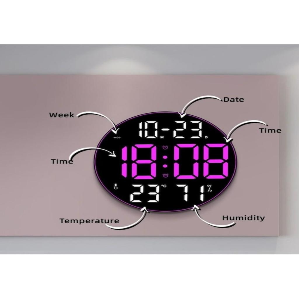 Colorful Ambient Light 12-inch Large Screen Multifunctional Clock, Nordic Simple Living Room Wall Clock, LED Wall Hanging Clock