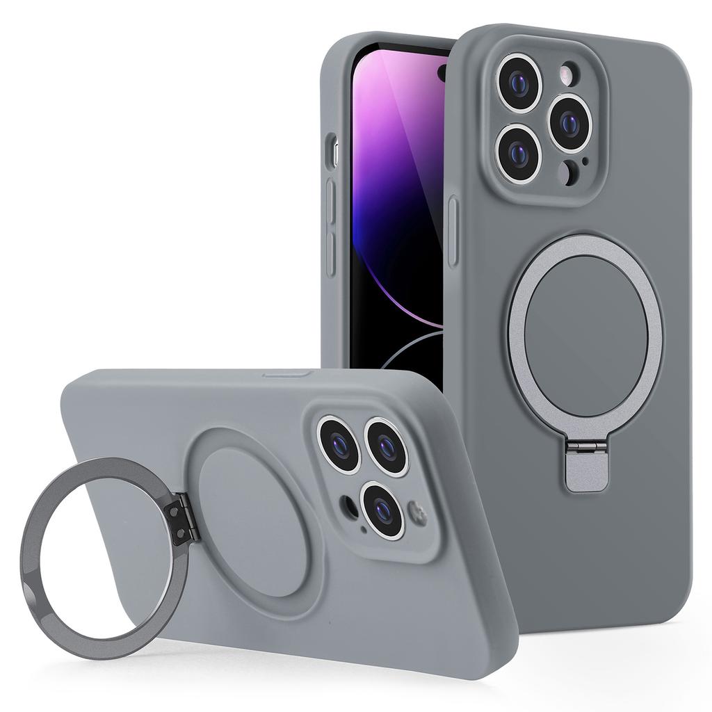For iPhone 15 Pro Magnetic Case Liquid Silicone Phone Cover Built-In Kickstand Ring Holder
