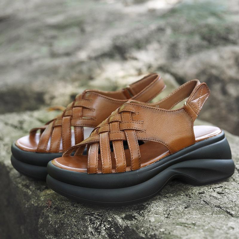 Johnature Genuine Leather Retro Woven Thick Soled Sandals Versatile Height Increasing Roman Women's Shoes