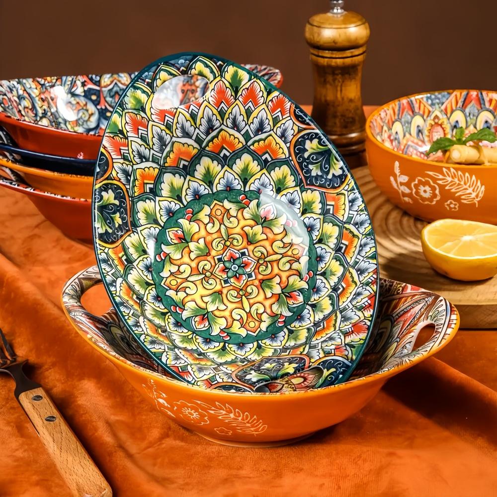 Ceramic Salad Bowl Bohemian Novelty Oval Plate with Handle Microwave Safe Boat-shaped Bowl Stackable Food Bowl Fruit bowl-2PCS