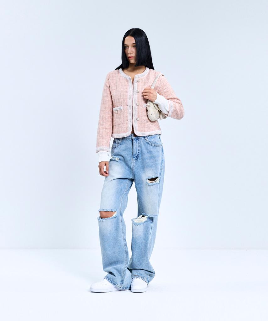 Vivabrown 85-Vivaj050 Line Point Crop Tweed Jacket Pink