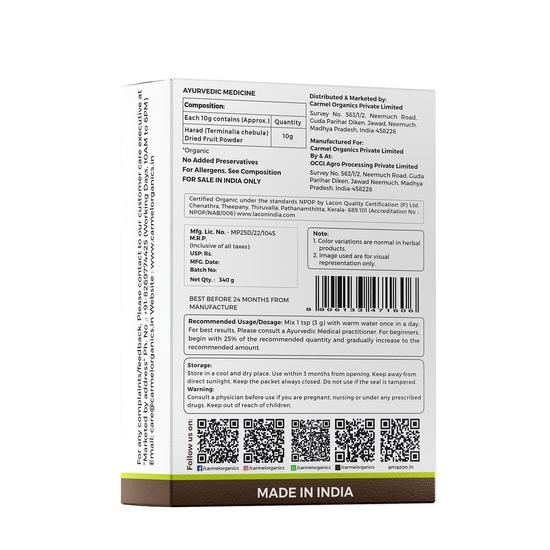 CARMEL ORGANICS Harad/Haritaki Powder(340 Grams) | Jaivik Bharat Certified | Terminalia Chebula | Kadukkai Podi/Karakkaya Pudiyamu