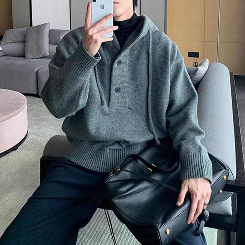 

Men s Korean Style Winter Half-Zip Hoodie: Simple, Solid Color, Loose Fit, Casual Knit Pullover Sweater Medium сірий колір
