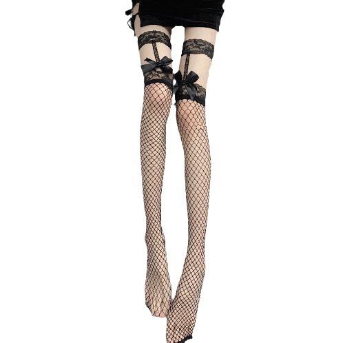 Lace lace suspenders babes sexy fishnet socks half-cut bow black silk women's long tube black stockings over the knee jk
