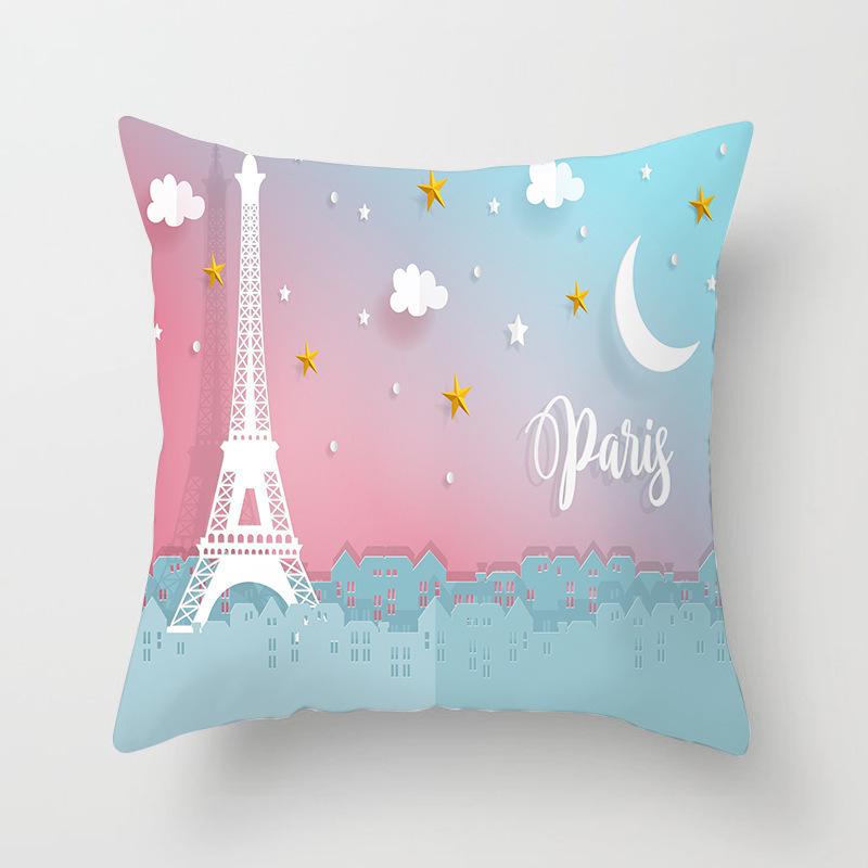 Home Decor Eiffel Tower & Balloon Paris Themed Pillow Covers Pattern Cushion Cover Suitable for Sofa Bedroom Car Pillow Cover