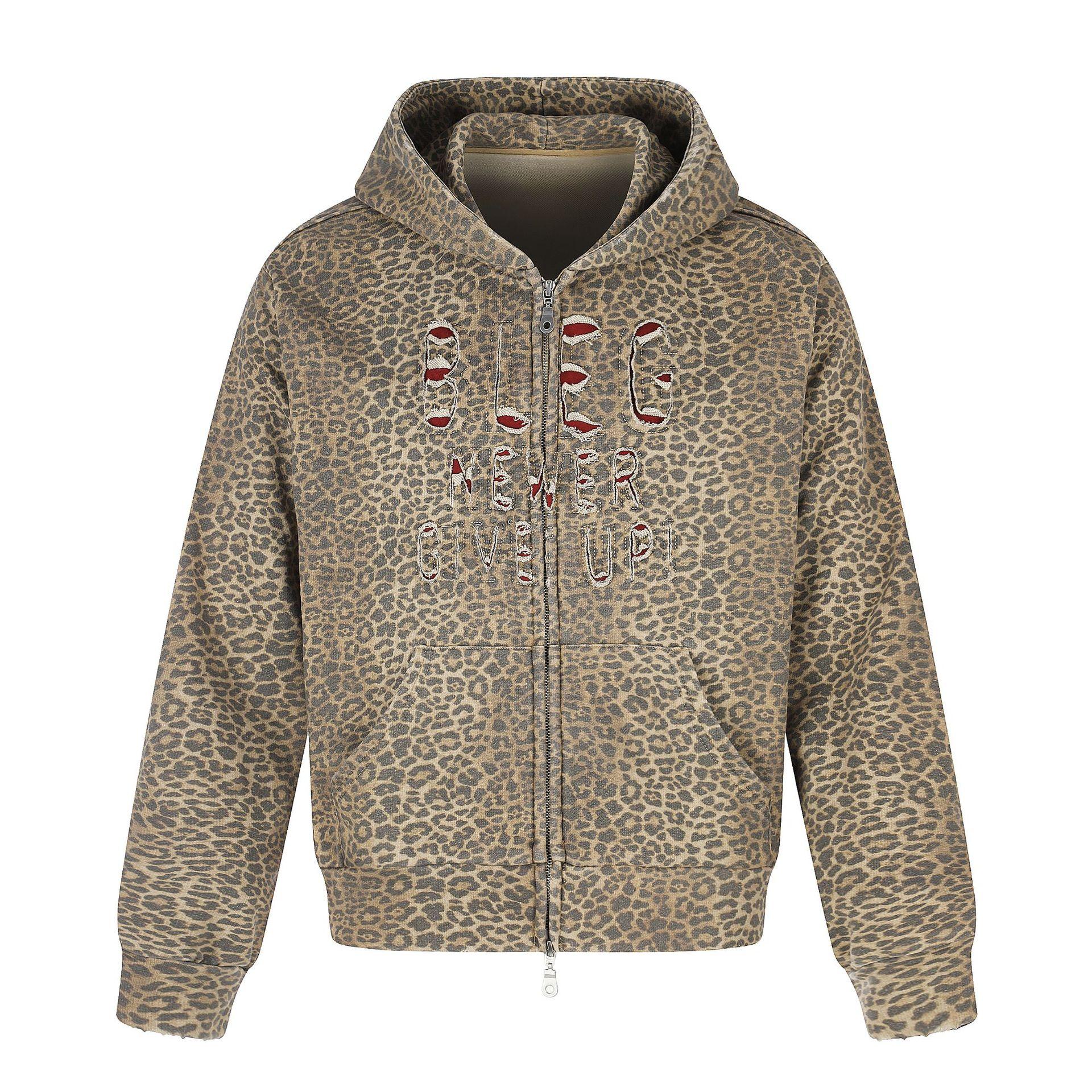 Autumn American retro subculture leopard print hoodie jacket cut cardigan zip sweater S