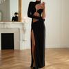 New hollowed-out long dress female sexy high split fork single shoulder exposed navel Spice Girl slim simple dress