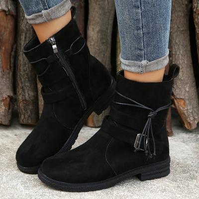 Fall/Winter New Arrival Round-Toe Side-Zip Low-Heel Oversized Short Boots Flat-Sole Buckle-Fastening Suede Martin Boots