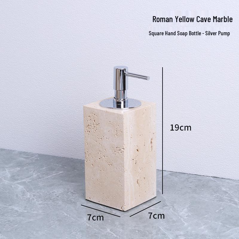 Badezimmerset aus gelbem Marmor im chinesischen Stil: Tablett, Aromatherapie-Ornament, Handseifenspender & Taschentuchbox.
