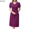 ZANZEA Women Casual V-Neck Solid Color Summer Short Sleeve Dress