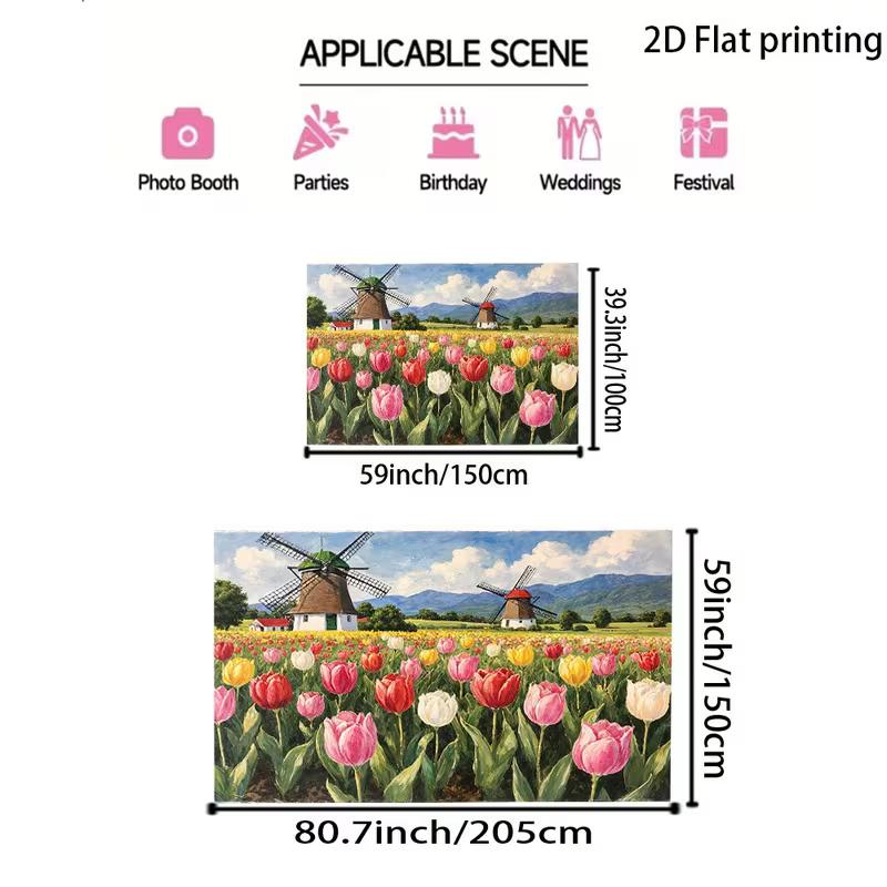 2D Spring Holland Landscape Backdrop Featuring Vibrant Tulip Fields and Traditional Windmills