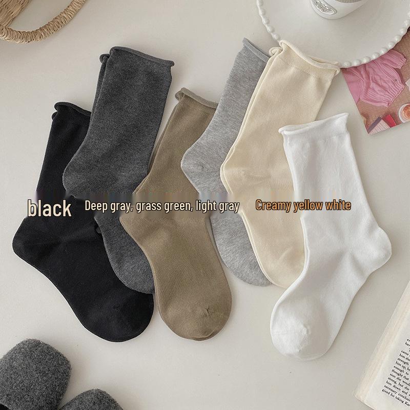 Women's Rolled Edge Mid-Calf Cotton Socks - Boneless, Elastic, Sweat-Absorbent, Breathable, Solid White, Versatile Slouch Design