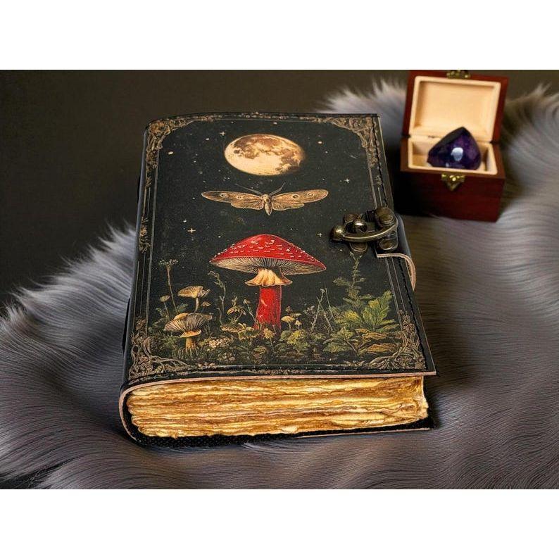 Grimoire Vintage Mushroom leather journal, Handmade Antique Deckle Edge Paper Spell Book of Shadows Journal for gifts
