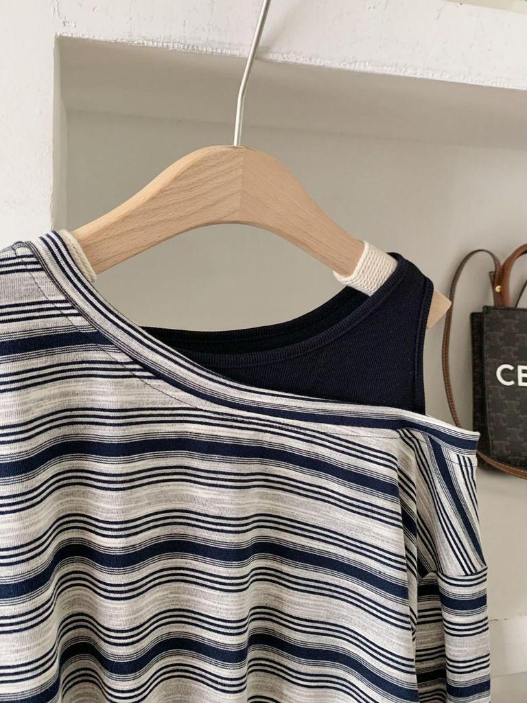 2025 Summer Women's Striped Off-Shoulder Long-Sleeve T-Shirt - Versatile, Simple, Slimming Top for Commute
